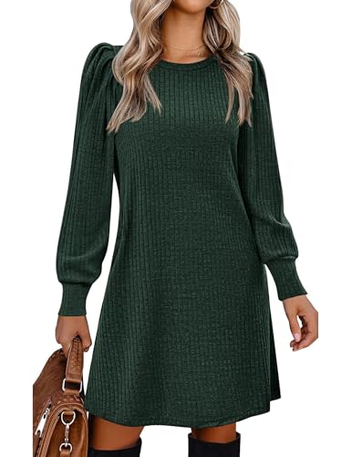 Zeagoo Kleider für Damen Langarm Pulloverkleid Leicht Knielang Strickkleid Rundhals Herbstkleid Elegant Winterkleid mit Puff Ärmel Grün XXL von Zeagoo