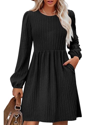 Zeagoo Kleider für Damen Langarm Strickkleid Herbst A-Linie Freizeitkleid Rundhalsausschnitt Pullikleid Winterkleider Schwarz L von Zeagoo