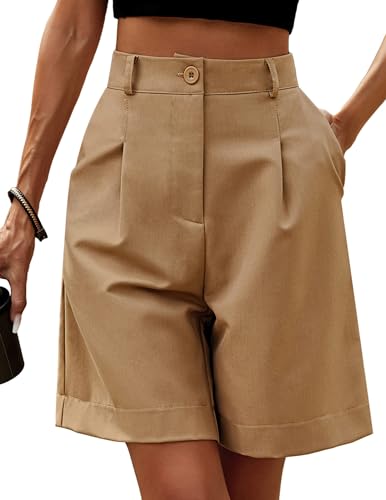 Zeagoo Kurze Hosen Damen Elegant Freizeithose Kurz Sommer Khaki Shorts Elastische Chino Shorts Arbeitshose mit Reißverschluss Khaki L von Zeagoo