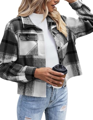Zeagoo Kurzjacke Damen Karierte Hemdjacke Kurze Langarm Holzfällerhemd Revers Button-Down-Bluse Flanell Shacket Mantel Schwarz S von Zeagoo