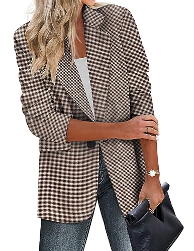 Zeagoo Lässige Damen-Blazer, Taschen, lange Ärmel, vorne offen, Arbeitsjacke, Revers, Knopf, langer Blazer für Bussiness, Hahnentritt Braun, M von Zeagoo