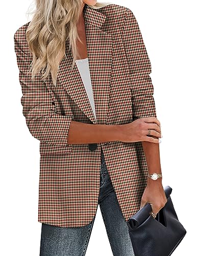 Zeagoo Lässige Damen-Blazer, Taschen, lange Ärmel, vorne offen, Arbeitsjacke, Revers, Knopf, langer Blazer für Bussiness, Kariert, Rot und Schwarz, L von Zeagoo