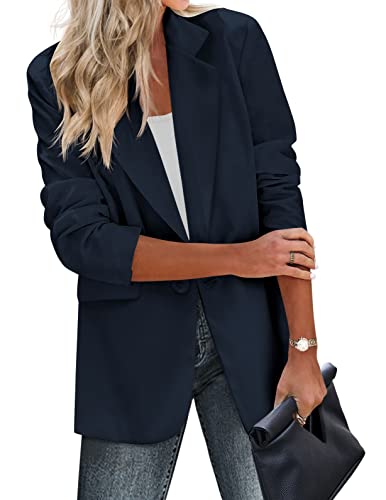 Zeagoo Lässige Damen-Blazer, Taschen, lange Ärmel, vorne offen, Arbeitsjacke, Revers, Knopf, langer Blazer für Bussiness, Marineblau, M von Zeagoo