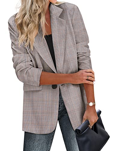 Zeagoo Lässige Damen-Blazer, Taschen, lange Ärmel, vorne offen, Arbeitsjacke, Revers, Knopf, langer Blazer für Bussiness, Schottenkaro, Braun, XL von Zeagoo