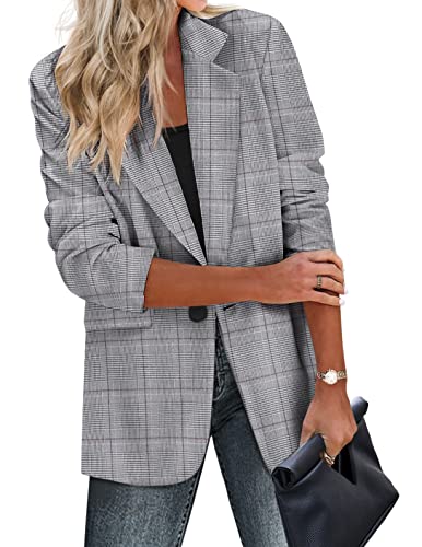 Zeagoo Lässiger Damen-Blazer, Taschen, lange Ärmel, offene Vorderseite, Arbeit, Büro, Jacken, Revers, Knopf, langer Blazer, Anzug für Business, Schottenkaro, Grau, S von Zeagoo