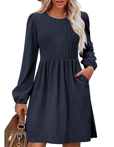 Zeagoo Langarm Kleid Damen Herbst Winter Strickkleid Knielang Herbstkleid Einfarbig Pllover Kleider Tunikakleid Navy Blau L von Zeagoo