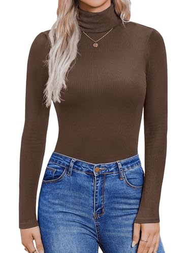 Zeagoo Langarmshirt Damen Basic Rollkragenshirt Pullover Elegant Slim Fit Oberteile Gerippt Stretch Unterhemd Rolli T-Shirt Einfarbig Casual Tops Shirts Braun XS von Zeagoo