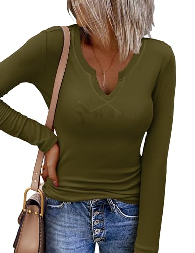 Zeagoo Crop Tops Damen Langarmshirt Elegant Oberteile Tshirt V Ausschnitt Wickeloberteil Gerippt Slim Fit Strick Basic Top Sweaters Armeegrün S von Zeagoo