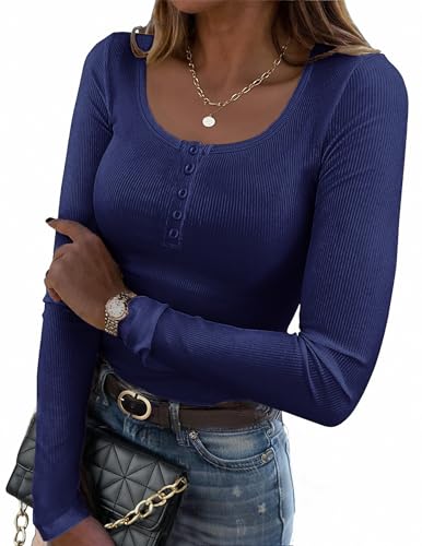Zeagoo Langarmshirt Damen Herbst Rundhals T-Shirt mit Knopf Slim Fit Pullover Elegant Lässig Einfarbig Shirts Basic Gerippt Oberteile Tops Herbst Winter Blau S von Zeagoo