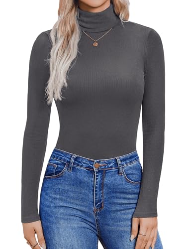 Zeagoo Langarmshirt Damen Rollkragenshirt Basic Pullover Elegant Slim Fit Oberteile Gerippt Stretch Unterhemd Rolli T-Shirt Casual Einfarbig Tops Shirts Dunkelgrau XS von Zeagoo