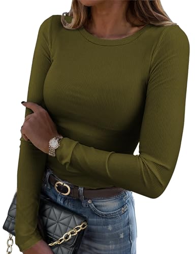 Zeagoo Langarmshirt Damen Slim Fit Basic T-Shirts Elegant Gerippt Oberteil Rundhals Stretch Pullover Casual Einfarbig Tops Armeegrün S von Zeagoo