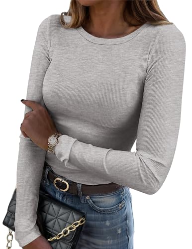 Zeagoo Langarmshirt Damen Slim Fit Basic T-Shirts Elegant Gerippt Oberteil Rundhals Stretch Pullover Casual Einfarbig Tops Hellgrau XL von Zeagoo