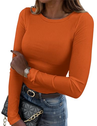 Zeagoo Langarmshirt Damen Slim Fit Basic T-Shirts Elegant Gerippt Oberteil Rundhals Stretch Pullover Casual Einfarbig Tops Karamell L von Zeagoo