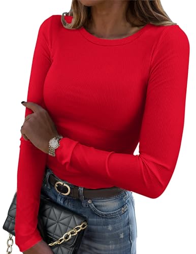 Zeagoo Langarmshirt Damen Slim Fit Basic T-Shirts Elegant Gerippt Oberteil Rundhals Stretch Pullover Casual Einfarbig Tops Rot M von Zeagoo