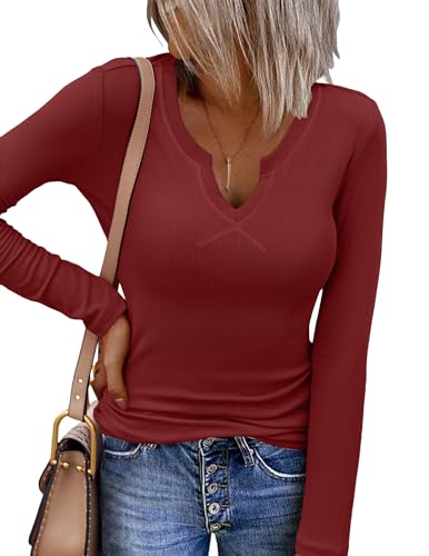 Zeagoo Langarmshirt Damen Slim Fit T-Shirt Elegant Oberteile V-Ausschnitt Basic Shirt Einfarbig Tops Shirts Gerippt Pullover Stretch Lässig Weinrot L von Zeagoo
