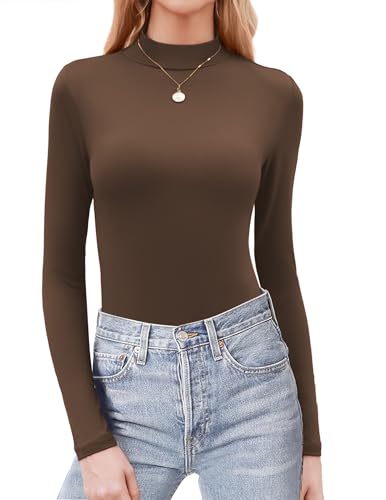 Zeagoo Damen Rollkragenshirt Basic Einfarbig Langarm Shirts Stretch Enges Oberteile Slim Fit Langarmshirt Leicht Langarm Tops Braun M von Zeagoo