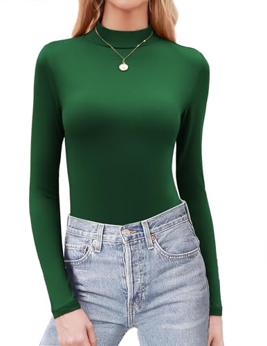 Zeagoo Langarmshirt Damen Stretch Rollkragenshirt Enges Basic Oberteile Langarm Slim Fit Tops Einfarbig Leicht Rollkragenpullover Grün M von Zeagoo