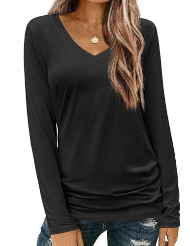 Zeagoo Damen V Ausschnitt Longshirt Basic Langarm Shirt Herbst Einfarbig T Shirts Elegant Locker Langarmshirt Longsleeve Top Schwarz XL von Zeagoo