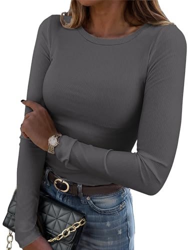 Zeagoo Langarmshirt Damen Slim Fit Basic T-Shirts Rundhals Stretch Pullover Elegant Gerippt Oberteil Casual Einfarbig Tops Dunkelgrau XS von Zeagoo