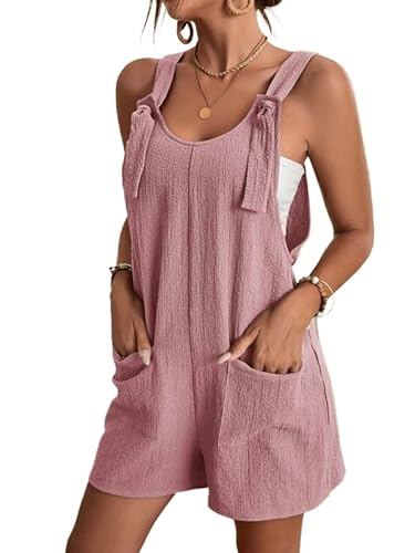 Zeagoo Latzhose Damen Kurz Latzhosenkleid Retro Loose Jumpsuit Kleid A Linie Trägerkleid Kleid Casual Playsuit Hell-Pink XL von Zeagoo