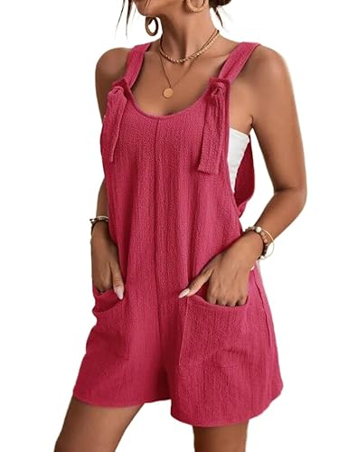 Zeagoo Latzhose Damen Kurz Latzhosenkleid Retro Loose Jumpsuit Kleid A Linie Trägerkleid Kleid Casual Playsuit Rose Rot XL von Zeagoo