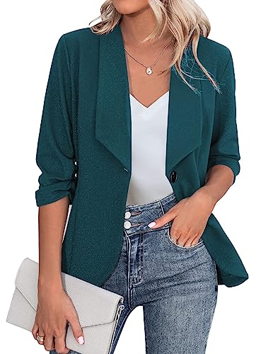 Zeagoo Longblazer Damen Elegant Business Revers Jacke Sportlich Blazer mit Faltigen Ärmeln für Arbeit Büro Freizeit Dunkel Grün XXL von Zeagoo