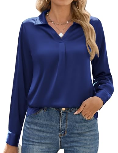 Zeagoo Longbluse Damen Satin Seide Bluse V-Ausschnitt Tunika Elegant Langarm Blusen Festliche Oberteile Casual Langarmshirt Lässig Hemdbluse Longshirt Navy Blau XXL von Zeagoo