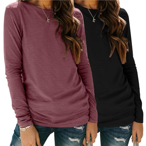 Zeagoo Longsleeve Damen Basic T Shirt 2er Pack Lässig Rundhals Langarmshirt Set Herbst Langarm Oberteile Schwarz + Burgundy S Zeagoo Longsleeve Damen Basic T Shirt 2er Pack Lässig Rundhals Langarmshirt Set Herbst Langarm Oberteile Schwarz + Burgundy S von Zeagoo