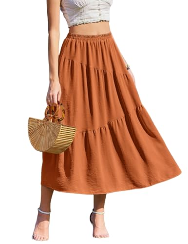 Zeagoo Maxi Rock Damen Elegant Flowy Sommerrock Lang Lässig Elastic Waistband Röcke Langer Stufenrock mit Taschen Ziegelrot L von Zeagoo