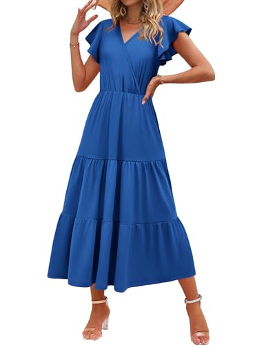 Zeagoo Maxikleid Damen Elegant Sommer Lang Kleid Rüschenärmel V Ausschnitt Tunikakleider A Linie Kurzarm Strandkleider Tunikakleider Navy Blau XXL von Zeagoo