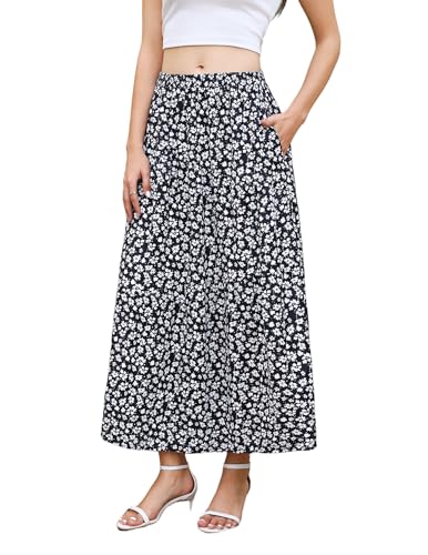 Zeagoo Maxi Rock Damen Elastische Hohe Taille Sommerrock Langer Elegant Flowy Stufenrock mit Taschen Sommer Lang Röcke Weiß Blumen XL von Zeagoo