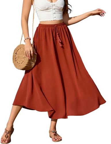 Zeagoo Maxirock Damen Lang Elegant Hohe Taille Rock Mit Kordelzug Einfarbig Röcke Casual Midi Freizeitrock Hochzeit Cocktail Skirt Frühling Sommer Ziegelrot S von Zeagoo