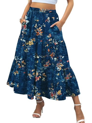 Zeagoo Maxirock Damen Lang Hohe Taille Rock Sommerrock Lässig Skirt Elegant Blumen Plisseerock Double Layer Rock mit Taschen Floral Blau XL von Zeagoo