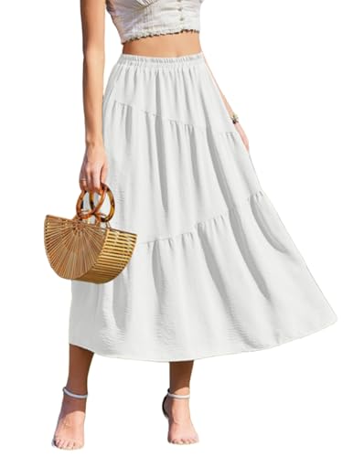 Zeagoo Maxi Rock Damen Langer Flowy Röcke Casual Elastischer Bund Sommerrock A-Line Einfarbig Stufenrock Lang Weiß M von Zeagoo
