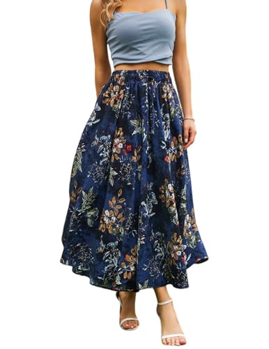 Zeagoo Midi Rock Damen Sommer Röcke Boho Blumen Sommerrock Hohe Taille Maxirock Mit Kordelzug Maxi Skirt Strandrock Freizeitrock Marineblau Druck L von Zeagoo