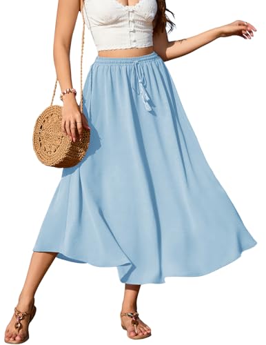 Zeagoo Midi Rock Sommer Röcke Für Damen Hohe Taille Elegant Maxirock Midi Sommerrock Kordelzug Freizeitrock Einfarbig Rock Blau L von Zeagoo