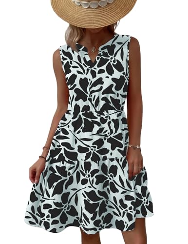Zeagoo Damen Kleid Ärmellos V Ausschnitt Sommerkleid Casual A-Linie Tankkleid Elegant Kurz Minikleid Rüschen Swing Kleider Schwarz Blumendruck L von Zeagoo