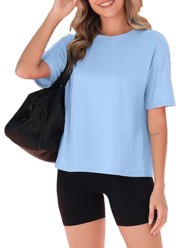 Zeagoo Damen Oversized Tshirt Locker Halbarm Sport T-Shirt Sommer Rundhals Basic Tops Square Naht Hellblau XXL von Zeagoo