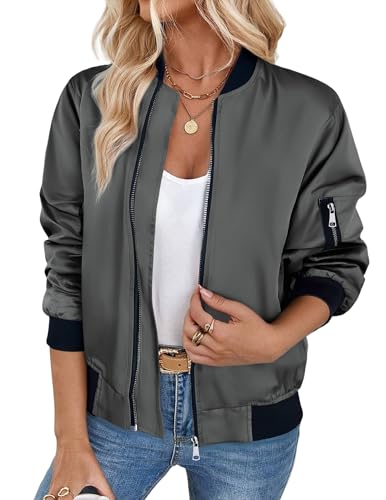 Zeagoo Pilotenjacke Damen Langarm Atmungsaktive Kurz Jacket leichte Fliegerjacke für Frauen Zip Up Solid Sweatjacke Grau XS von Zeagoo