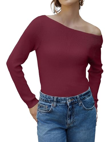 Zeagoo Pullover Damen Elegant Slim Fit Pulli Langarm Warm Strickpullover Basic Klassisch Sweater Rotwein XL von Zeagoo