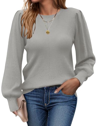 Zeagoo Damen Pullover Elegant Langram Strickpullover für Damen Herbst Feinstrick Langarmshirt Sweater Winter Rundhals Strickpulli Casual Oberteile Hellgrau M von Zeagoo