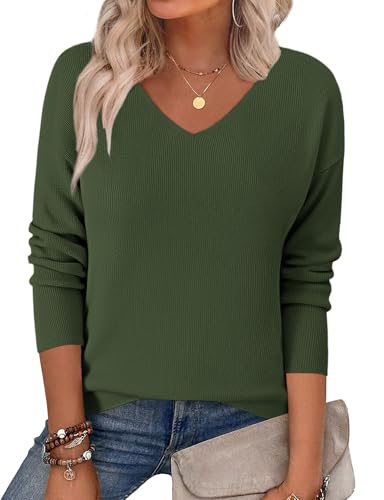 Zeagoo Pullover Damen Casual Strickpullover Winter V-Ausschnitt Lose Pulli Warm Outwear Pullover Oberteile Armeegrün XXL von Zeagoo