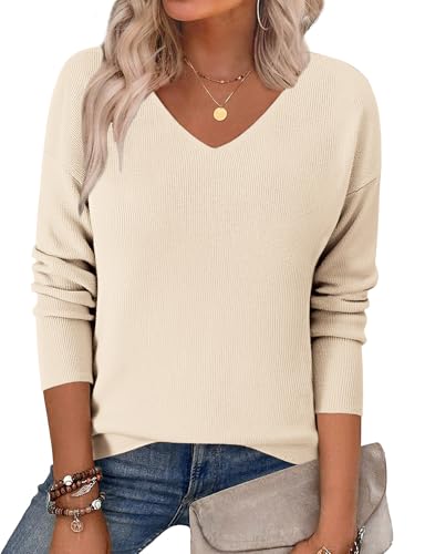 Zeagoo Pullover Damen Casual Strickpullover Winter V-Ausschnitt Lose Pulli Warm Outwear Pullover Oberteile Beige XXL von Zeagoo