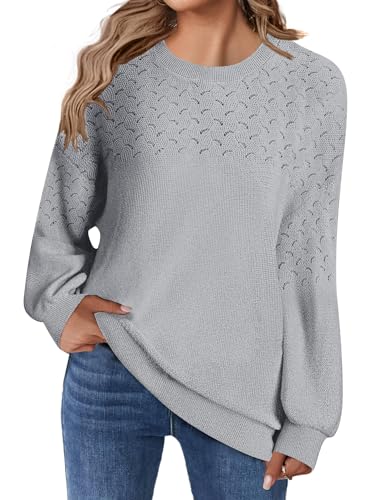 Zeagoo Pullover Damen Elegant Häkelpullover Langarm Strickpullover Rundhals Strickpulli Winter Warm Sweater Feinstrick Oberteile Grau L von Zeagoo
