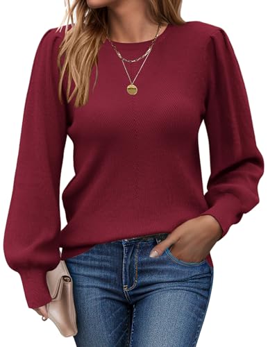Zeagoo Damen Pullover Herbst Strickpullover Langarm mit Puffärmel Rundhals Strickpulli Slim Fit Tops Herbst Winter Einfarbig Weihnachtspullover Datum Rot M von Zeagoo