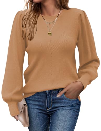 Zeagoo Pullover Damen Langarm Strickpullover Lässige Rundhals Winterpullover Elegantes Strickpulli Herbst Einfarbig Strickshirt Warm Wollpullover Cashmere Damenpullis Kamel S von Zeagoo