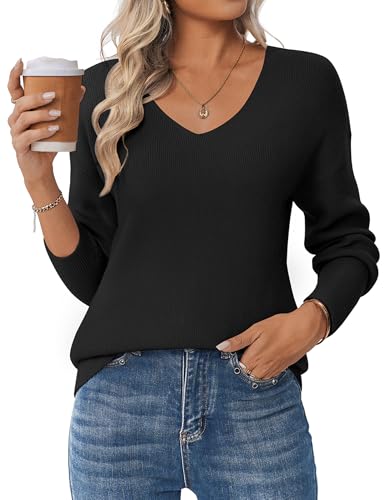 Zeagoo Pullover Damen Elegant Strickpullover Langarm V-Ausschnitt Lässiges Stricken Pulli Winter Sweatshirt Einfarbig Oberteile Beige M von Zeagoo