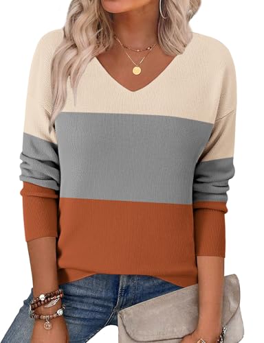 Zeagoo Pullover Damen Elegant Strickpullover Langarm V-Ausschnitt Lässiges Stricken Pulli Winter Sweatshirt Einfarbig Oberteile Grau-orange M von Zeagoo