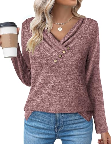 Zeagoo Damen Langarmshirt Langarm T-Shirt Casual Oberteile Leichte Pullover Einfarbig Tops Longshirt V-Ausschinitt Sweatshirt Tshirt Rot L von Zeagoo