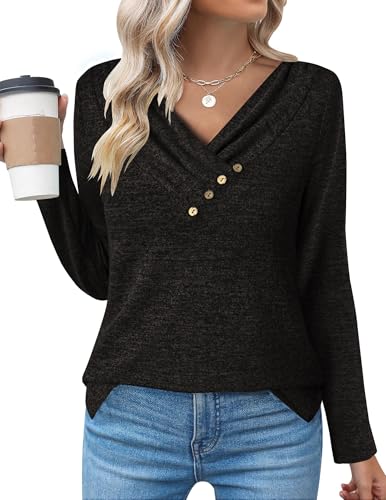 Zeagoo Damen Langarmshirt Langarm T-Shirt Casual Oberteile Leichte Pullover Einfarbig Tops Longshirt V-Ausschinitt Sweatshirt Tshirt Schwarz L von Zeagoo